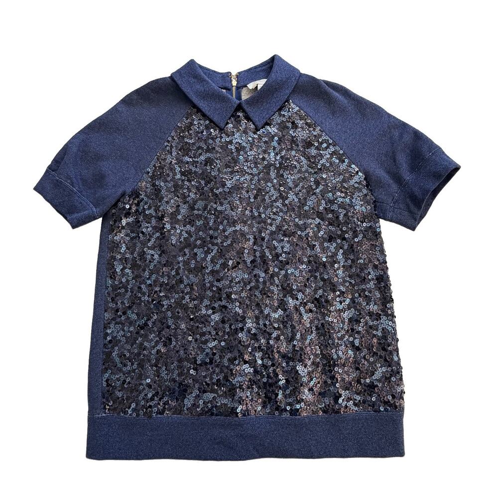 Kate Spade Womens Navy Sequins Front Short Sleeve Polo Collar Sweatshirt M